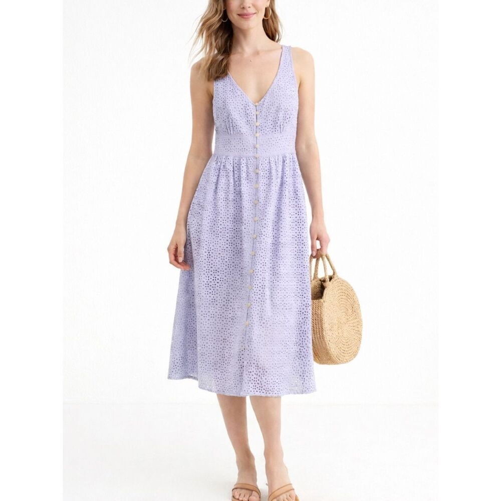 J. Crew Pale Lavender Eyelet Midi Dress Size 8 Button Front Smocked Back